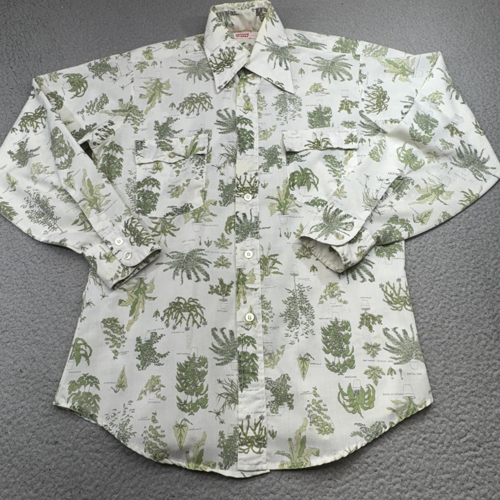 Vintage 70s Levis Shirt Mens Medium White Green Plant Botanical Print Batwing